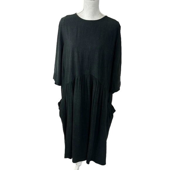 Solika Linen Blend Shift Dress Women's L Soft Black Slouchy Pockets 3/4 Sleeve - Picture 1 of 12